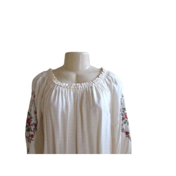 Democracy White Peasant Blouse w Floral Embroidered Sleeves & Tie Cuffs Medium - Picture 2 of 7